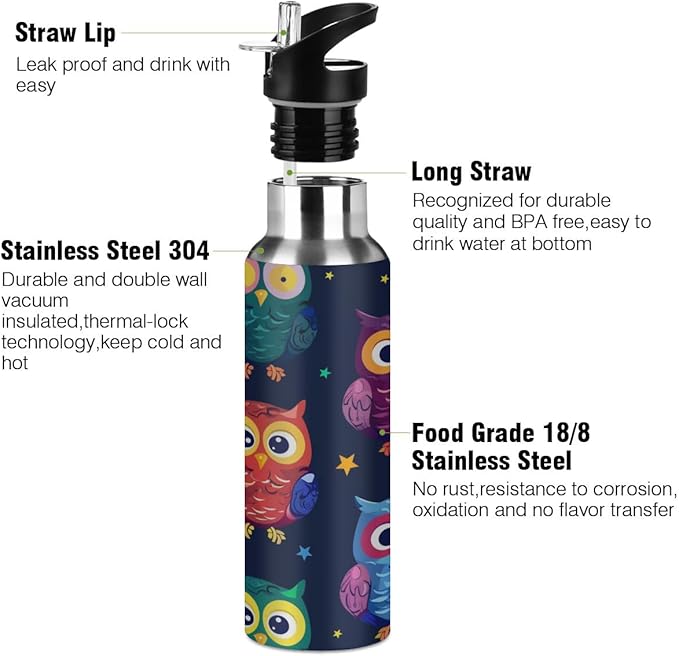 Animal Owl Vacuum Insulated Water Bottle Stainless Steel Kids Sport Jug with Straw Lid Wide Mouth Leakproof BPA Free for Bike Running Walking Outdoor 20 Oz