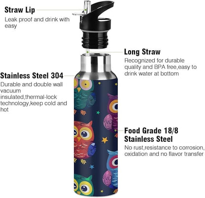 Animal Owl Vacuum Insulated Water Bottle Stainless Steel Kids Sport Jug with Straw Lid Wide Mouth Leakproof BPA Free for Bike Running Walking Outdoor 20 Oz