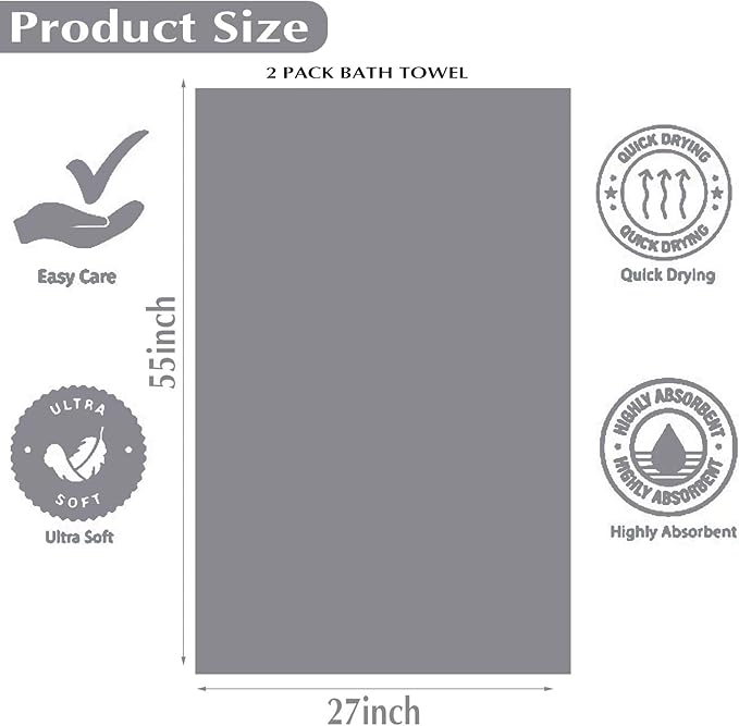 2-Pack Microfiber Bath Towels (27x54 Inches) - Ultra Soft & Quick Dry, 3X Absorbency, Lightweight for Gym, Yoga, Travel & Spa - Perfect for Home, Fitness & Post-Workout
