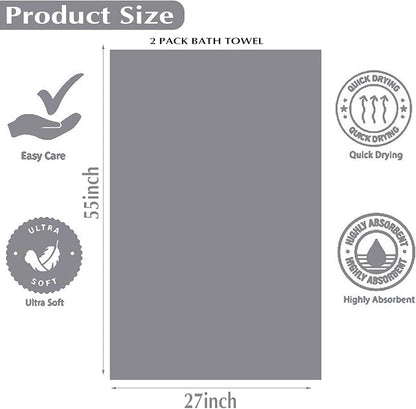 2-Pack Microfiber Bath Towels (27x54 Inches) - Ultra Soft & Quick Dry, 3X Absorbency, Lightweight for Gym, Yoga, Travel & Spa - Perfect for Home, Fitness & Post-Workout