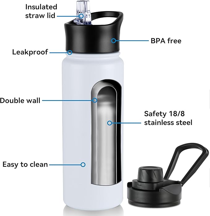 24oz Insulated Water Bottle with Straw Lid, Stainless Steel Metal Water Bottle with Straw & Wide Mouth Lid, Double Wall Vacuum Water Bottle for Hiking Camping, White 4 Pack