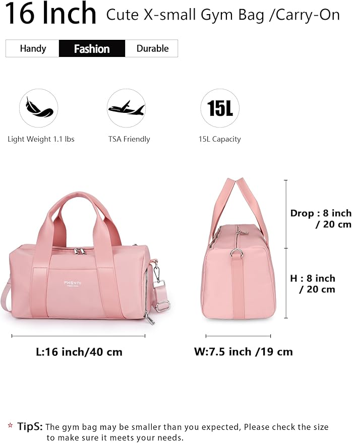 Sports Small Gym Bag for Women Girls, Cute Mini Duffle Bag with Wet Pocket & Shoes Compartment, Personal Item Travel Workout Bag, 16"-Small, Pink