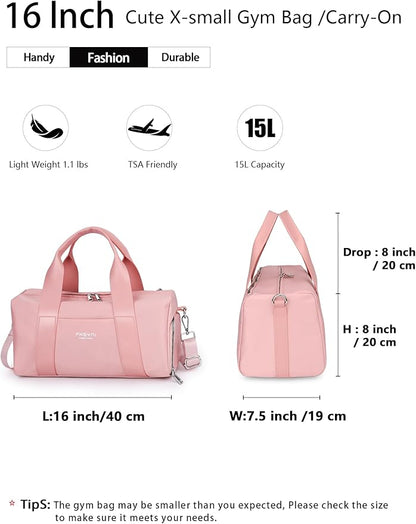 Sports Small Gym Bag for Women Girls, Cute Mini Duffle Bag with Wet Pocket & Shoes Compartment, Personal Item Travel Workout Bag, 16"-Small, Pink