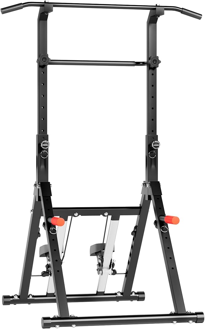 Power Tower Pull Up Station, soges Foldable Pull Up Bar Dip Station with Stair Stepper, Adjustable Free Standing Strength Training Equipment for Home Gym, Multi-Function Workout Tower