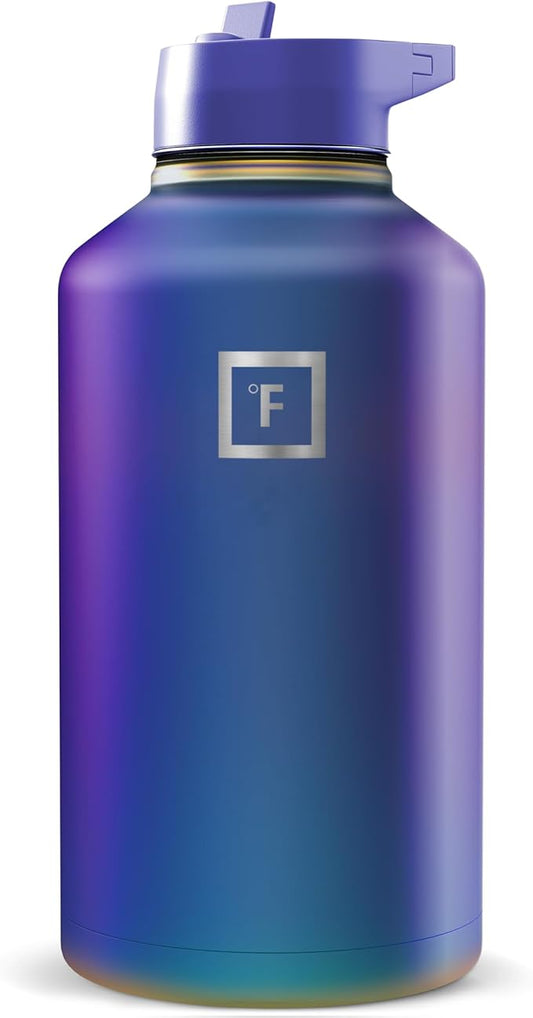 IRON °FLASK Camping & Hiking Hydration Flask with Straw, Wide Mouth Insulated Stainless Steel Sports Water Bottle - Aurora 64 oz - Straw (1 Lid)