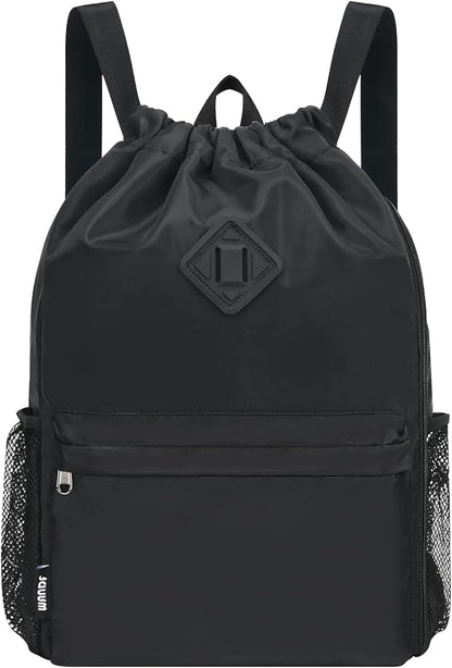WANDF Drawstring Backpack Sports Gym Bag with Shoes Compartment, Water-Resistant String Backpack Cinch for Women Men (Large,Black)