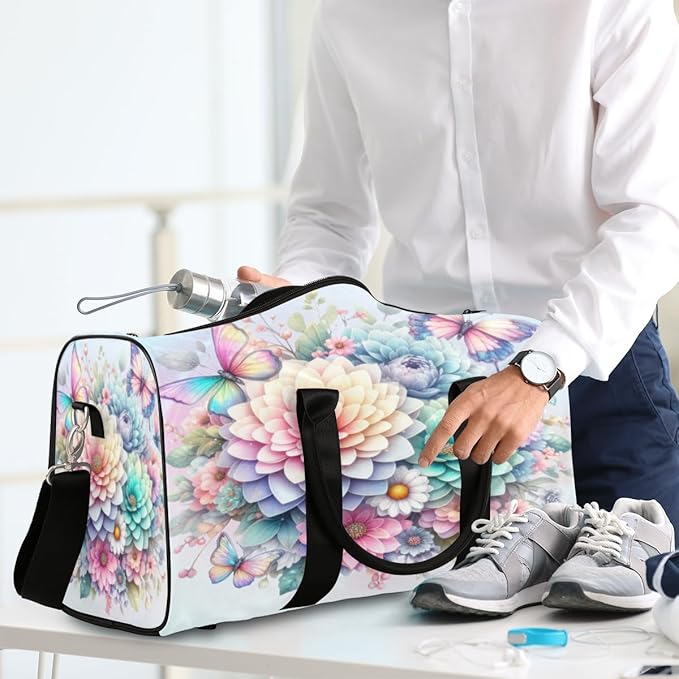 Travel Duffel Bag Rainbow Flower Sport Tote Gym Bag Waterproof Foldable Carryon Weekend Overnight Training Handbag Sports Duffle Bags for Women Men Boys Girls