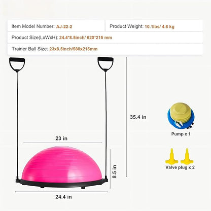 Half Exercise Ball Trainer 23 inch Balance Ball Trainer 1500lbs Capacity Stability Ball with Resistance Bands & Foot Pump, Strength Fitness Ball for Home Gym Full Body Workout