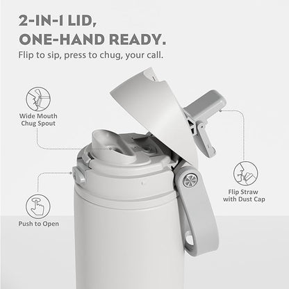 POWCAN 24 oz Metal Water Bottle with Straw for Travel: 100% Leakproof, Quick Open Lid, Keep Cold for 24 Hours, Car Cup Holder Friendly, Insulated Vacuum Flask for Commute, Workouts, Gift (Stone White)