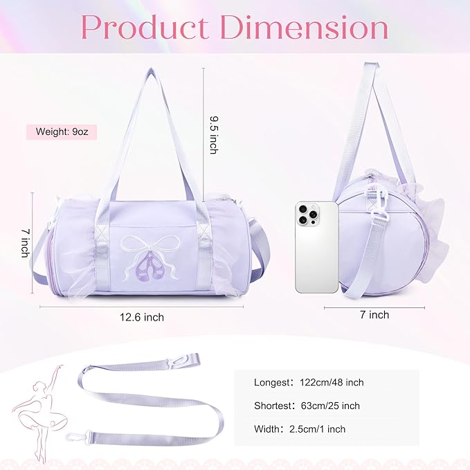 Dance Bag for girls, KUIRAN 8L Dance Duffel Bag with Separate Shoe Compartment Lightweight Water-resistant Sport Bag for Dance, Ballet, Gym, Travel - Purple