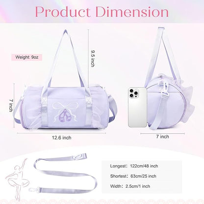 Dance Bag for girls, KUIRAN 8L Dance Duffel Bag with Separate Shoe Compartment Lightweight Water-resistant Sport Bag for Dance, Ballet, Gym, Travel - Purple