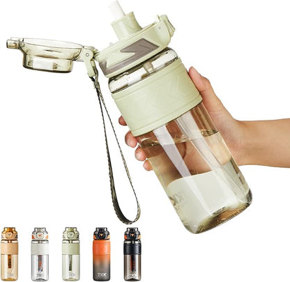 TKK Sports Water Bottles with Removable Straw 29 oz Leak-proof Flip Top Lid BPA Free Tritan Bottle with Strap for School, Fitness, Gym, Outdoor, LighGreen