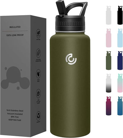 COKTIK 40oz Sports Water Bottle, Stainless Steel Water Bottle for Insulated, Reusable Travel Bottle, With Straw, With Handle Grip for Easy Carrying, Suitable for Cycling, Outdoor Vacations(Army Green)