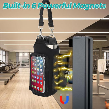 Magnetic Gym Bag, Magnetic Water Bottle Carrier Holder Gym Crossbody Sling Phone Pocket with Strap 6 Strong Magnets Pouch Sleeve for Men Women Travel Work Sports Fitness Accessories Organizer