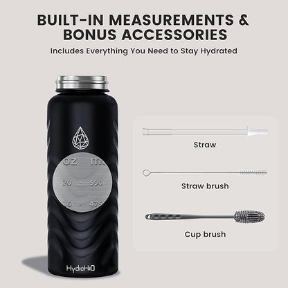 32oz Stainless Steel Insulated Water Bottle, 48H Cold & 24H Hot, Leak-Proof Wide Mouth Lids (Straw & Spout), BPA-Free Bottles, Mens Water Bottle for Gym, Hiking, Travel - Black