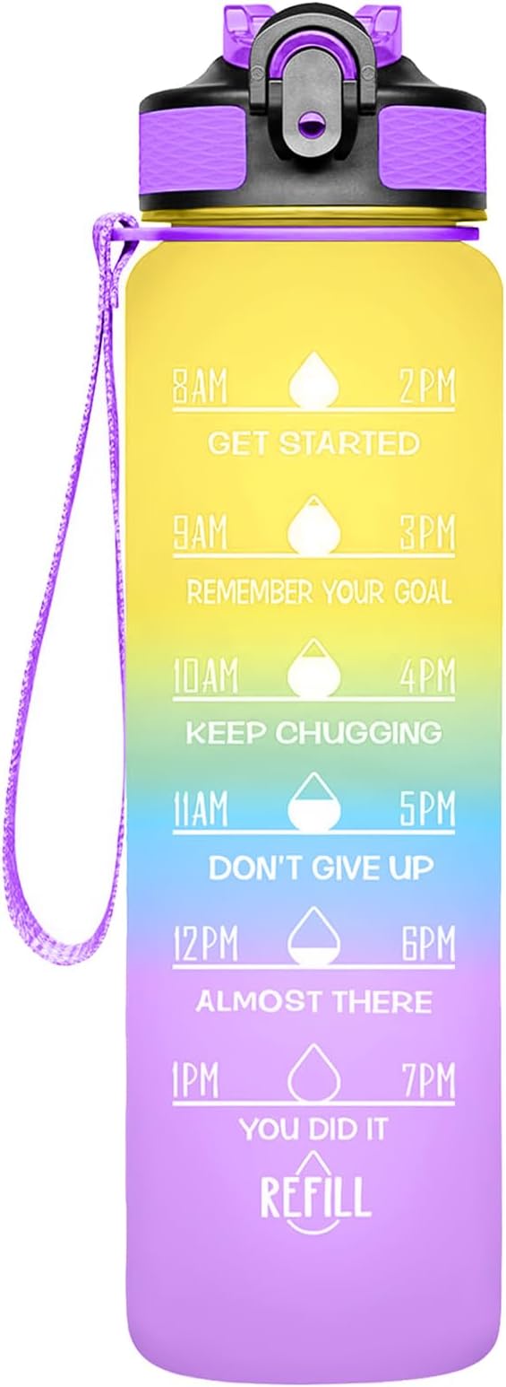 Frosted Style Sports BPA Free Water Bottle, 32 oz - Time Marker, Leakproof - Gym, Fitness, Hiking, Bike, Camping