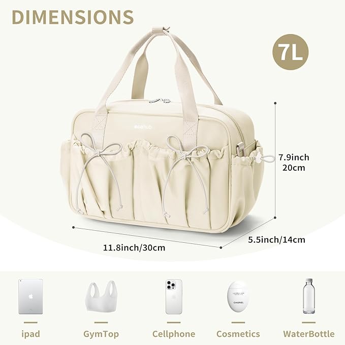 ECOHUB Small Gym Bag for Women, Mini Gym Duffle Bag with Wet Compartment, Bowknot Sports Bag, Cute Gym Tote Bag Dance Yoga Workout Travel Bags Beige