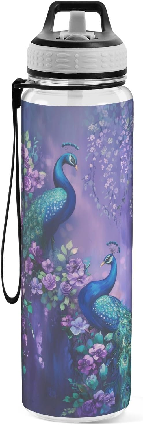 Fustylead Two Peacocks on Purple Flower 32oz Sports Water Bottle with Removable Straw, Reusable Clear Water Bottles, Leak Proof, BPA-Free