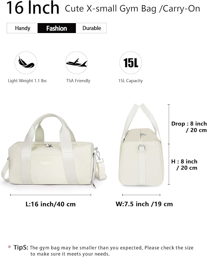 Sports Small Gym Bag for Women, Cute Mini Duffle Bag with Wet Pocket & Shoes Compartment, Personal Item Travel Workout Bag, 16"-Small, Beige
