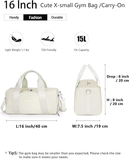Sports Small Gym Bag for Women, Cute Mini Duffle Bag with Wet Pocket & Shoes Compartment, Personal Item Travel Workout Bag, 16"-Small, Beige
