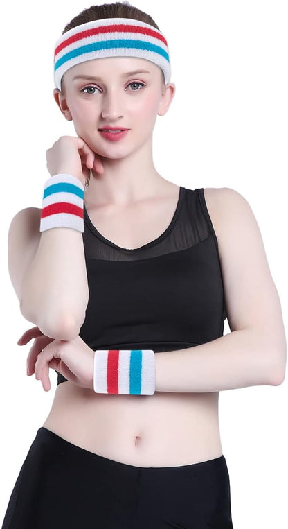 ONUPGO Sweatband Set Sports Headband Wristband Set Sweatbands Terry Cloth Wristband Wrist Sweatband Headbands Moisture Wicking Sweat Absorbing Head Band