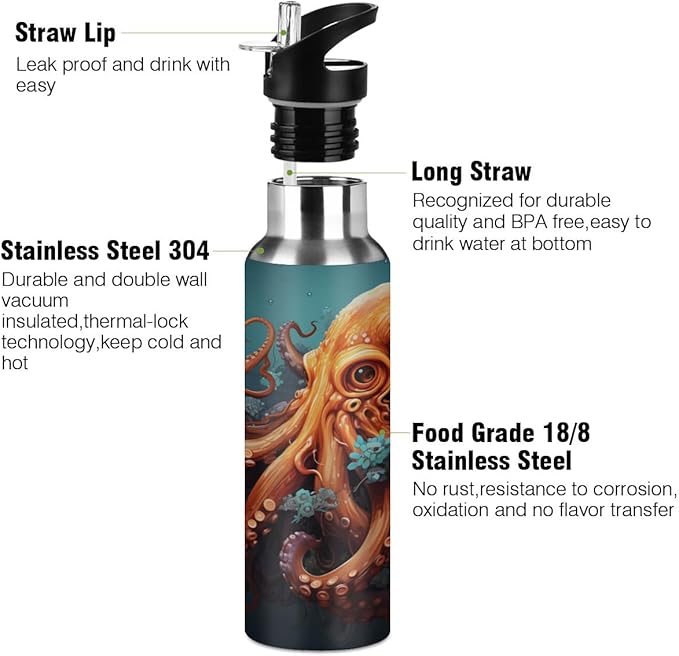 AUUXVA Watercolor Sea Ocean Octopus Water Bottle Vacuum Insulated Stainless Steel Mug Kids Water Bottle with Straw and Handle Keep Hot Cold Sport Bike Fit Travel Outdoor 20 oz