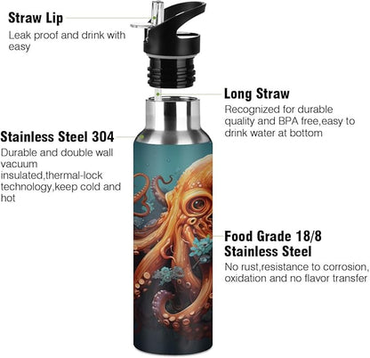 AUUXVA Watercolor Sea Ocean Octopus Water Bottle Vacuum Insulated Stainless Steel Mug Kids Water Bottle with Straw and Handle Keep Hot Cold Sport Bike Fit Travel Outdoor 20 oz