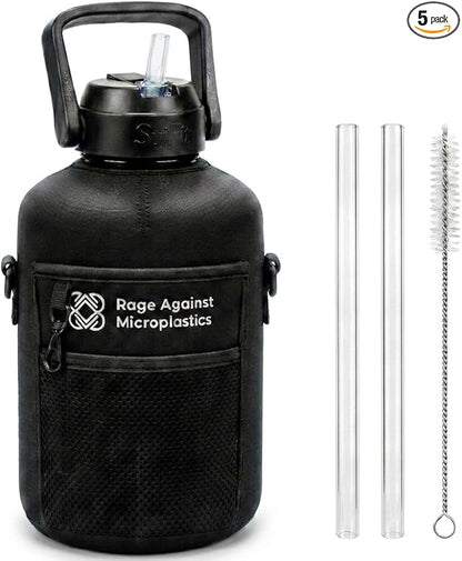 Half Gallon Water Bottle WITH Sleeve & Accessories – 64oz / 2.2L Hydration Kit Bundle – Includes Straw, Cleaning Brush & Storage Pocket – Leakproof Gym Jug BPA-Free