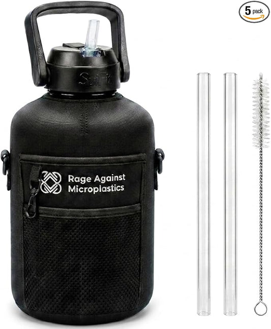 Half Gallon Water Bottle WITH Sleeve & Accessories – 64oz / 2.2L Hydration Kit Bundle – Includes Straw, Cleaning Brush & Storage Pocket – Leakproof Gym Jug BPA-Free