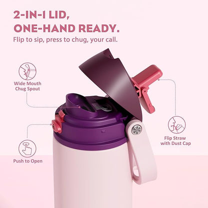 POWCAN 18 oz Stainless Steel Water Bottle: 2-in-1 Push-Button Spout & Quick-Flip Straw, Leakproof, Cold 24 Hrs, Fits Car Cup Holder, Insulated Bottle for Gym, School, Travel, Outdoor Gift (Plum Field)