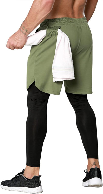 OEBLD Mens 2 in 1 Athletic Running Pants Quick Dry Gym Workout Shorts for Men Compression Pants with Pockets