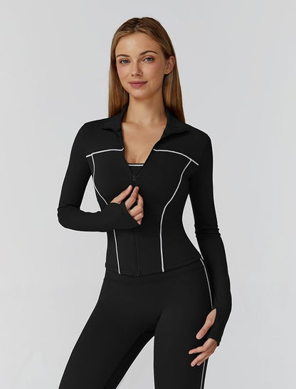 Womens workout sets Contrast Long Sleeve Jacket with Sports Bra and Butt-lifting Pants Yoga Outfits 3 Pieces Set