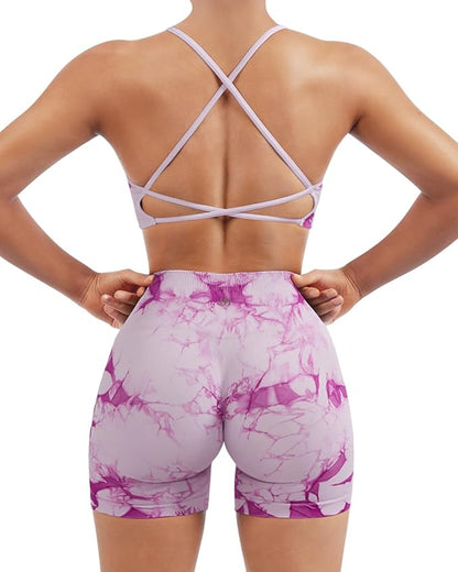 SUUKSESS Women Seamless Workout Sets Strappy Sports Bra High Waist Booty Shorts Outfits