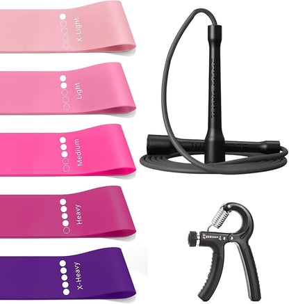 3-in-1 Fitness Power Pack - Resistance Bands Set 5 Pcs + Speed Jump Rope + Adjustable Hand Grip – Full Body Workout Combo for Cardio, Strength & Weight Loss at Home or Gym