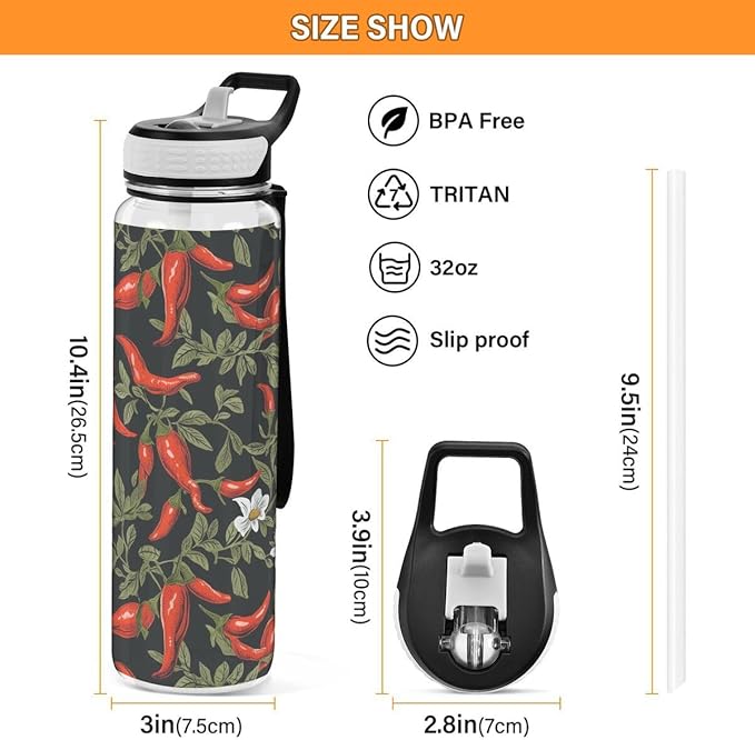ALAZA Pepper Chili Leaves Flower Floral Sports Water Bottle with Straw Tritan Drink Bottle 32 oz BPA Free Reusable for Travel Outdoor Fitness