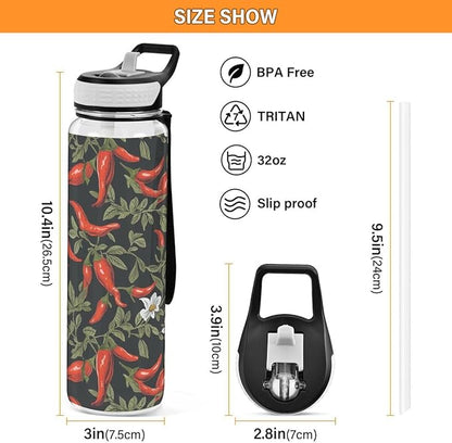ALAZA Pepper Chili Leaves Flower Floral Sports Water Bottle with Straw Tritan Drink Bottle 32 oz BPA Free Reusable for Travel Outdoor Fitness