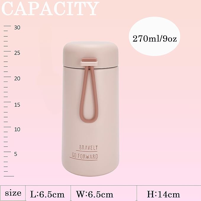 9oz Water Bottle Small Double Wall Insulated Mug,304 Stainless Steel for Hot&Cold Drinks,Leak Proof Water Bottle Vacuum Insulation with Carry Handle Pink
