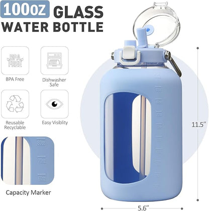 BLUEGO 100 oz Glass Water Bottle with Straw, Huge 3 Liter Water Bottle with Sturdy Handle, Glass Water Jug with Sleeve, Wide Mouth Water Container with Time Marker, Blue