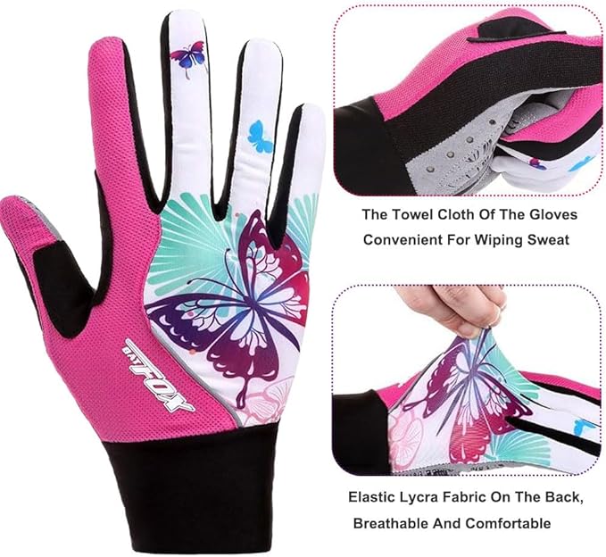 DuShow Bike Gloves for Women Cycling,Pink Floral Workout Gloves Women,Full Finger Biking Driving Riding Gloves for Women,Gel Padded Touch Screen Gym Gloves
