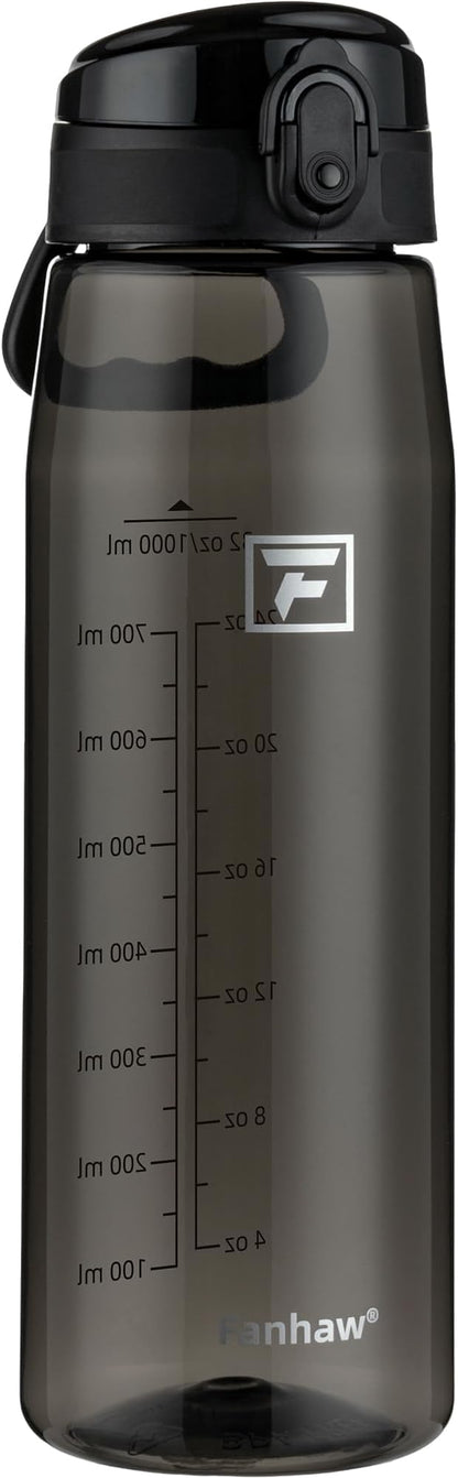 Fanhaw 32 oz Tritan Water Bottle with Chug Lid - Clear, BPA-Free, Lightweight, Wide Mouth, Leak-Proof, Perfect for Gym, Travel, School, Office, and Sports (Black)