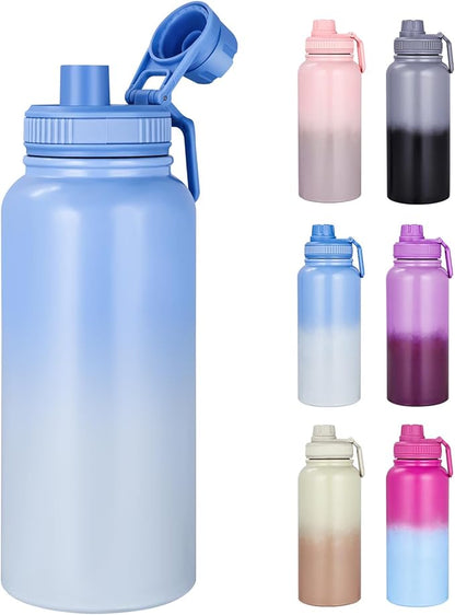 Motivational Water Bottle 32oz with Time Marker- Leakproof & BPA Free Sports Water Bottle with Straw & Carry Strap for Gym, Travel and Outdoor Sports (Stainless steel insulation-Blue)