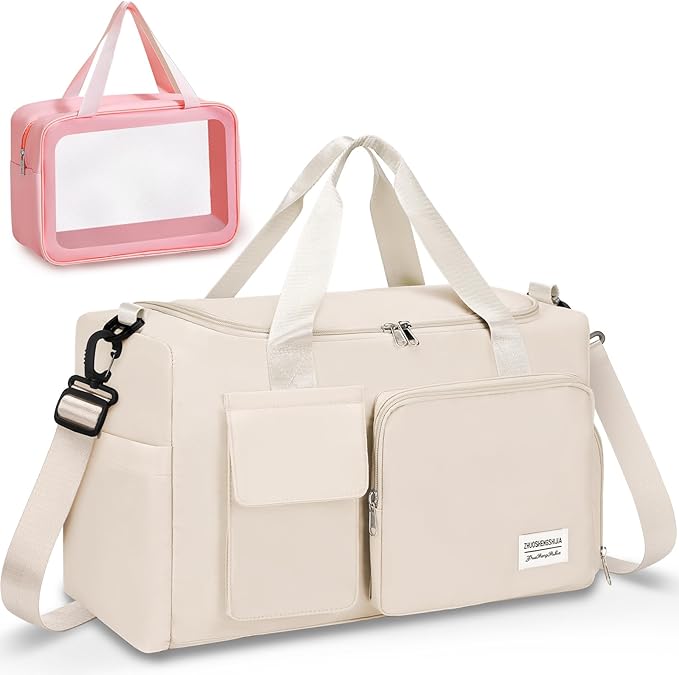 Gym & Dance Duffle Bag - Spacious Travel Organizer with Compartments (Beige)