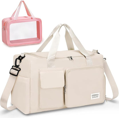 Gym & Dance Duffle Bag - Spacious Travel Organizer with Compartments (Beige)