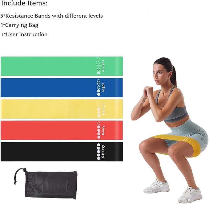Resistance Loop Bands 5 Pack, Non-Slip Non-Roll TPE Exercise Bands for Yoga, Pilates, Home Workout, Strength Training, Stretching, Ideal for Glute, Leg, Arm, Hip Fitness