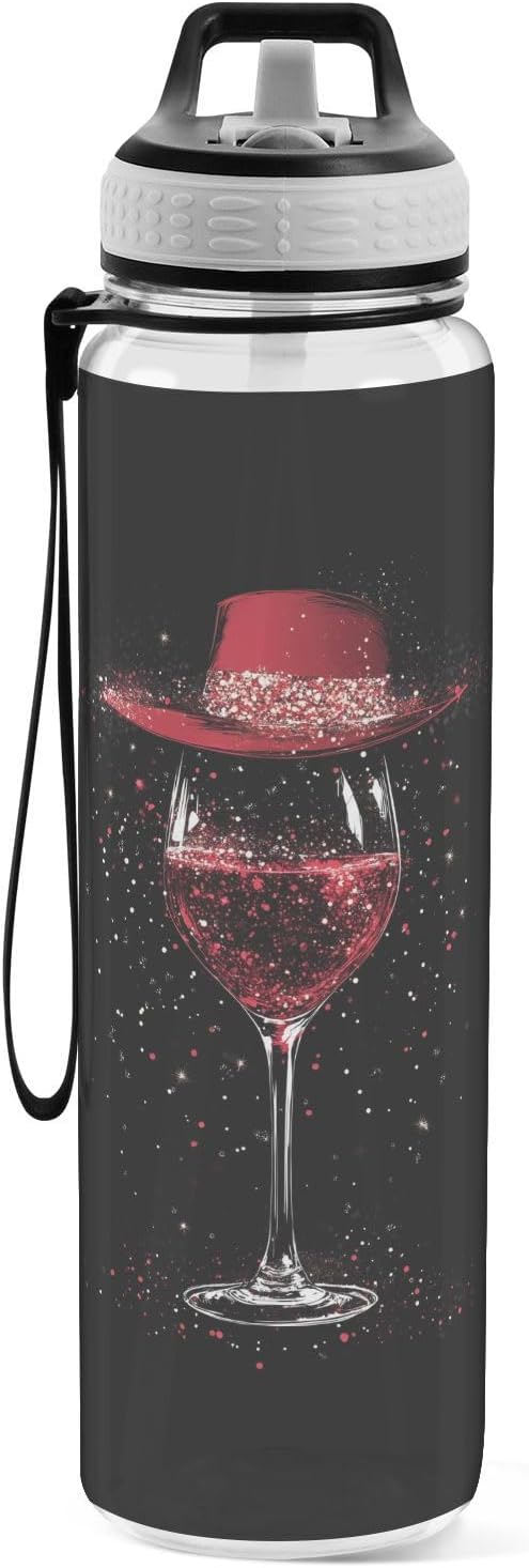 Fustylead Elegant Wine Glass with Red Hat 32 oz Water Bottle with Straw, Leakproof Clear Sport Bottles for Women Men Outdoor Sport Drinking