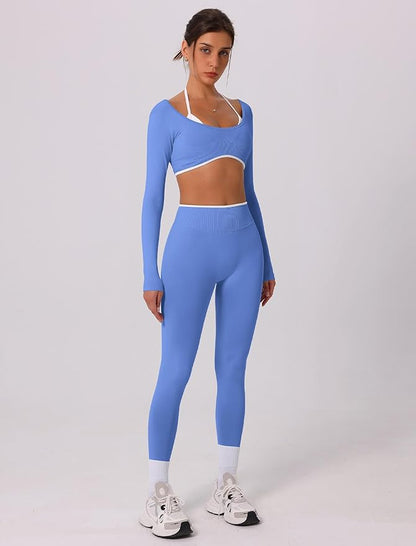 ABOCIW Workout Sets for Women Long Sleeve Crop Top Scrunch Butt Lifting High Waist Leggings 2 Piece Gym Yoga Outfits