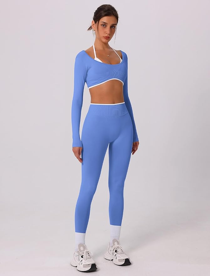 ABOCIW Workout Sets for Women Long Sleeve Crop Top Scrunch Butt Lifting High Waist Leggings 2 Piece Gym Yoga Outfits