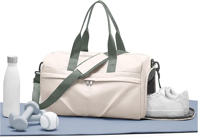 Gym Bag for Women Men with Shoe Compartment, Sport Duffel Bag, Waterproof Travel Weekender Overnight Carry on Bag for Yoga with Trolley Sleeve, Beige Green