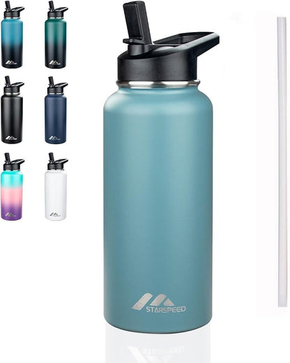 StarSpeed 32oz Insulated Water Bottle with Straw Lid, Stainless Steel Double Walled Vacuum Water Flask, Wide Mouth Sports Water Bottle for Gym Camping Hiking, Azure blue