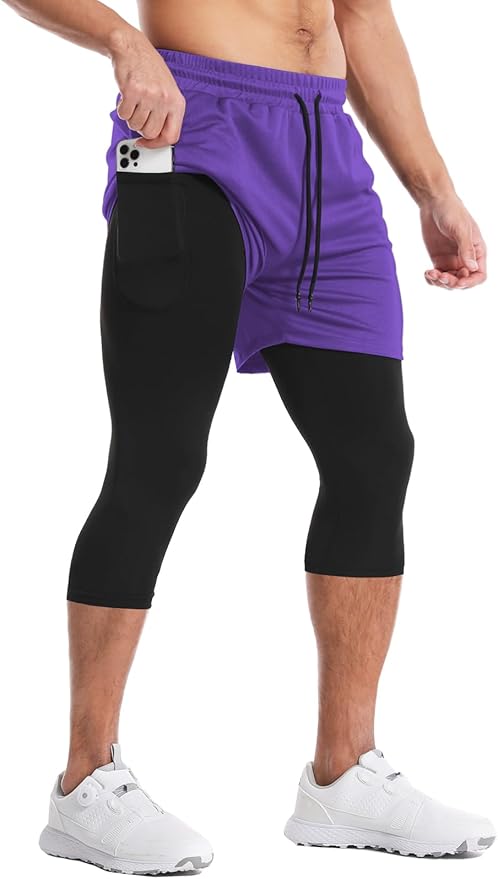 Aolesy Men's 2 in 1 Running Pants, Gym Workout Compression Pants for Men Training Athletic